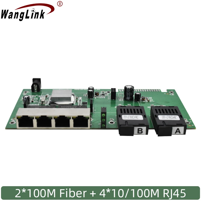 Wanglink Ethernet Switch Fiber 4 RJ45 2 SC Single Media Converter Fiber Optic Port PCB 10/100M custom transmission distance compatible 3g sdi video ethernet to fiber optic converter