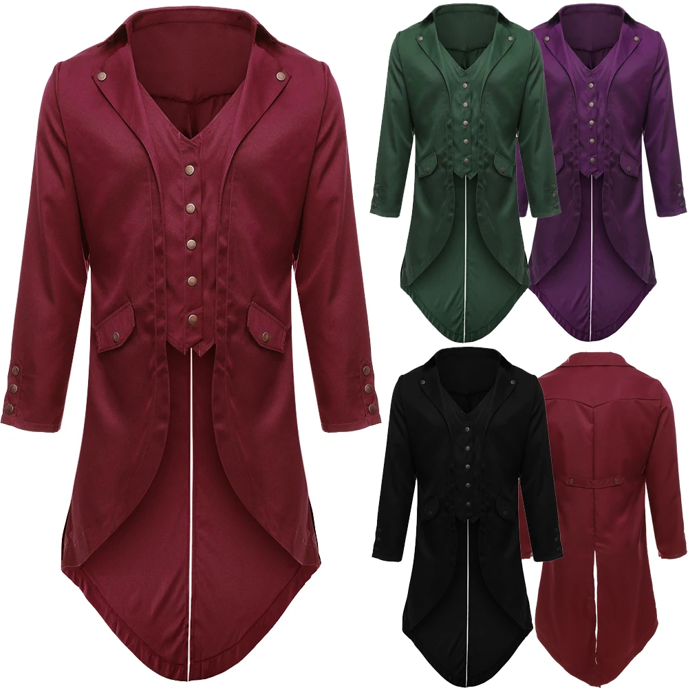 Мужское винтажное пальто с длинным рукавом в викторианском стиле, Готический стимпанк, с пуговицами, с ласточкиным хвостом, с v-образным вырезом, длинное платье, тонкая однотонная куртка размера плюс