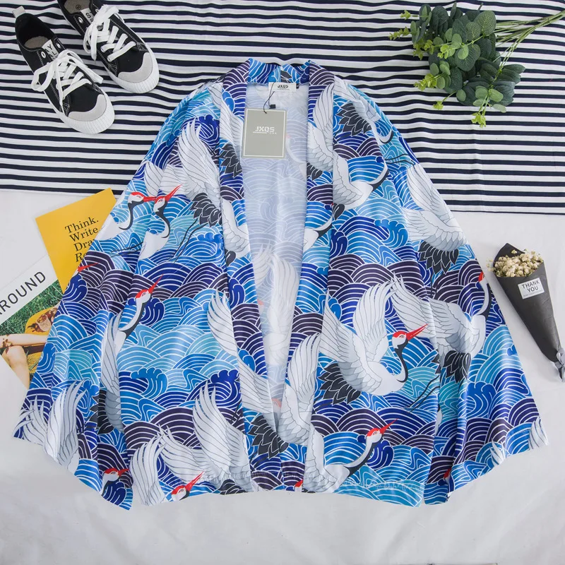 

Hot Selling Supply of Goods Japanese-style Ukiyo-E Waves Crane Printed Men And Women Loose Kimono Robes Mantle Coat