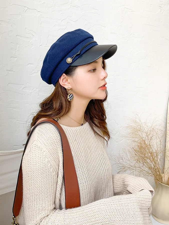 Fashion black hat ladies casual streetwear rope flat top hat elegant solid autumn and winter warm beret ladies