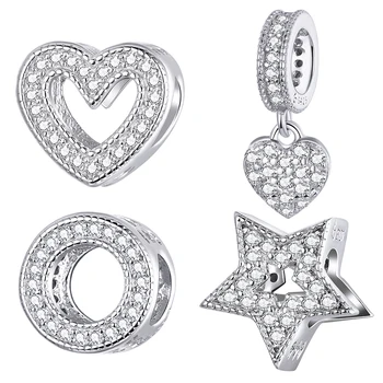 

WOSTU Real 925 Sterling Silver Shiny CZ Star & Heart Beads Pendant Fit Original Bracelet DIY Charms For Women Jewelry Gift