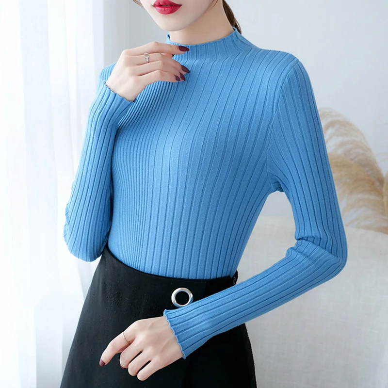

2020 Stripe Knitted Jumper Autumn Winter Tops Turtleneck Pullovers Casual Sweaters Women Shirt Long Sleeve Slim Sweater Girls