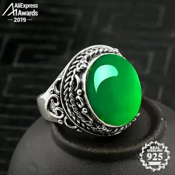 

12*16mm 6.18 Sale S925 Sterling Silver Poland Emerald Rings Jade moldevite Chinatown oriental Retro Chalcedony Jade