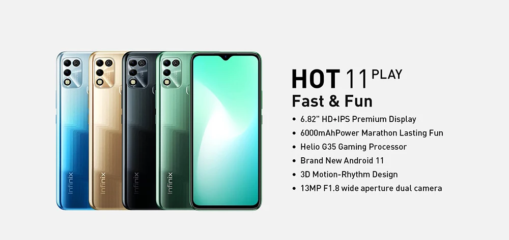 New Global Version Infinix Hot 11 Play Version 6.82'' HD+ Display Smartphone 6000mAh Battery Helio G35 13MP AI Dual Rear Camera infinix cellphone