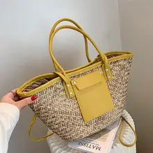 

Bohemia Pu Leather Splice Straw Tote Bags For Women Brands Patchwork Straw Women Handbags High Capacity Shoulder Bag Women's Bag
