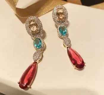 

Colorful string stitching long women earrings show yellow green contrast red drop-shaped retro ear accessories