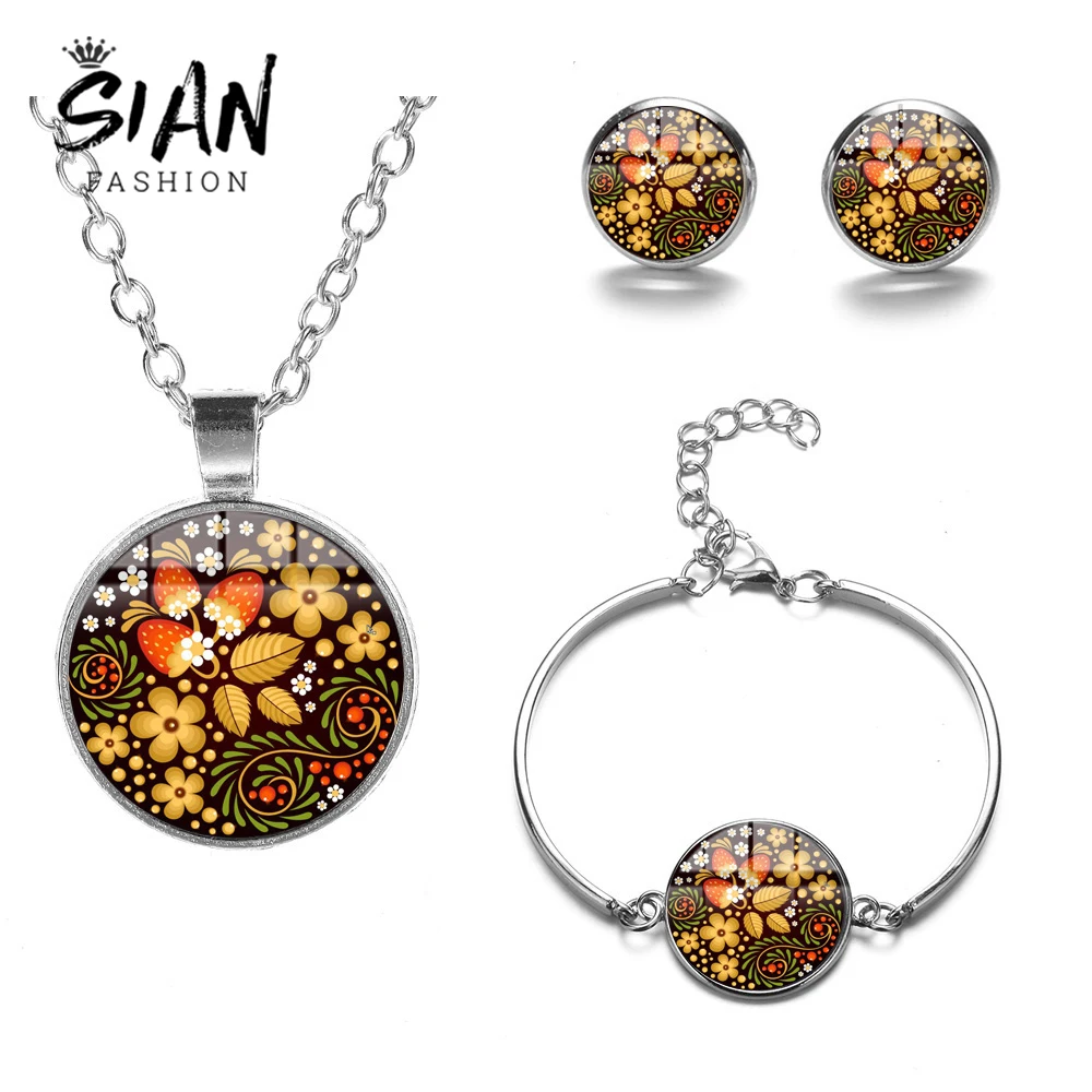 

SIAN Khokhloma Russian Folk Art Patterns Jewelry Sets Doll Birds Printing Glass Chain Necklace Bracelet Earrings Bohemian Style