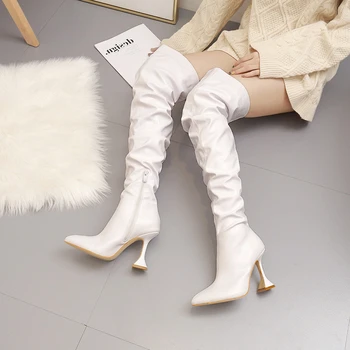 

Winter 2020 New Women Over The Knee Boots Slim Heel High Heels Fashion Pointed Black White Boots Pu Pleated Woman Shoes