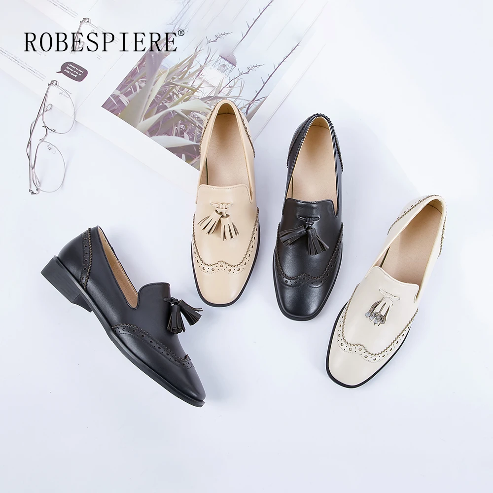 

ROBESPIERE Autumn Women Brogue Shoes Genuine Leather Fringe Design Flats Classics Round Toe Low Heels Slip On Ladies Shoes A70