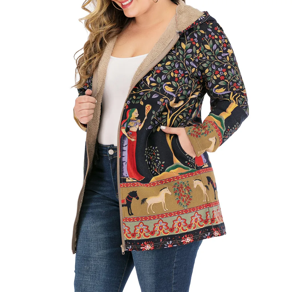 amazing  Womens Coat Winter Warm Outwear Floral Print Hooded Pockets Vintage Oversize Female Coats Women's C