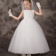 Аппликация из белого кружева цвета слоновой кости с круглым вырезом, платье для девочки, держащей букет невесты на свадьбе, с бусинами, длинная детская одежда, платье для первого причастия