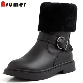 

Asumer 2020 new arrival ankle boots women genuine leather winter shoes round toe buckle zip low heels casual shoes woman boots