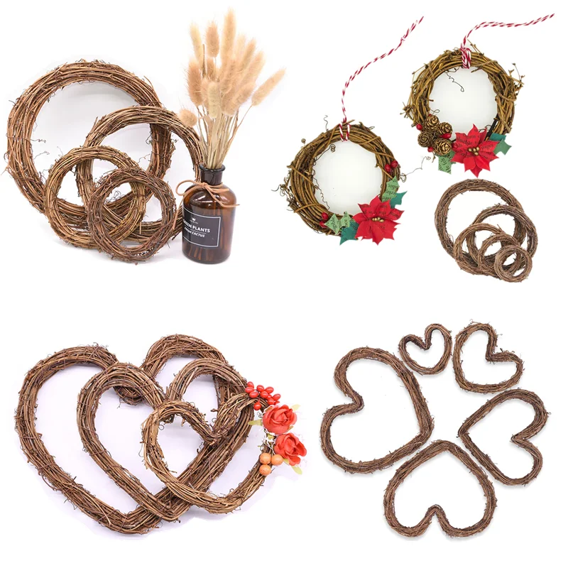 

8-30cm Natural Rattan Round Love Wreaths Wall Hanging Ornaments Xmas Easter Wedding Party Home Decor Supplies DIY Garland Crafts