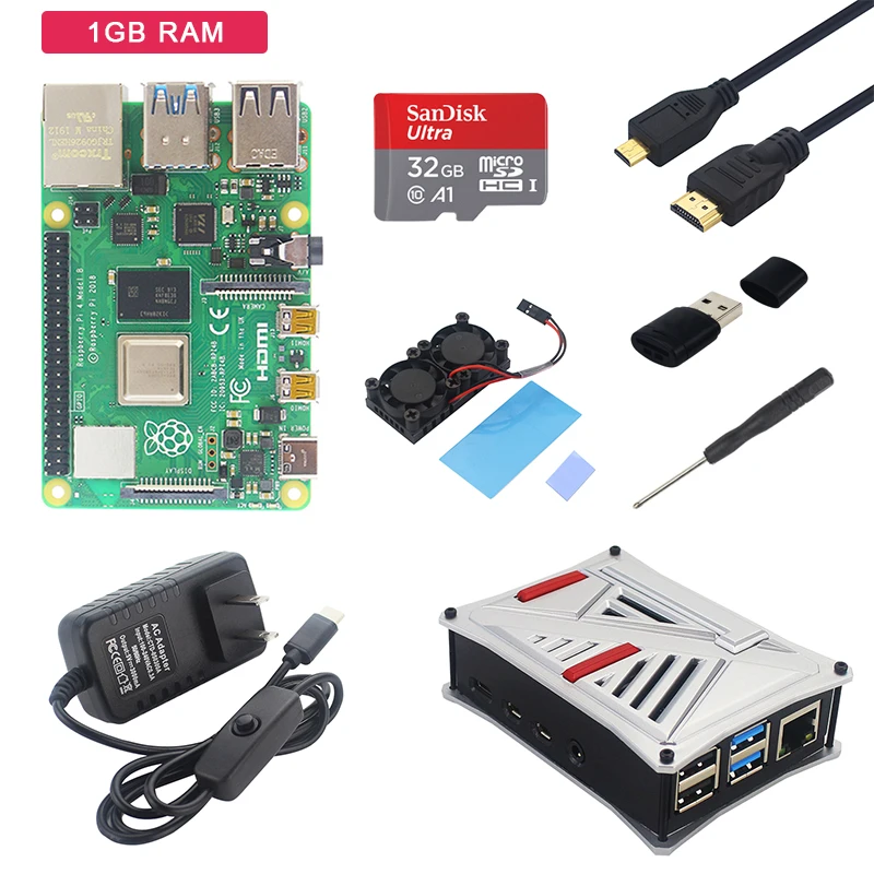Bundle 1 Raspberry Pi 4 Модель B комплект 1/2/4GB Оперативная память+ ABS чехол+ двойной вентилятор+ Мощность адаптер+ микро-кабель HDMI+ SD карты для Raspberry Pi 4B - Комплект: Bundle 1