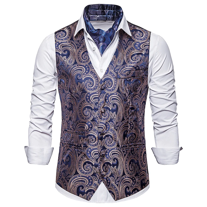 Plus size men smart casual style suit vest coat men's Single-breasted design vest Tops Cashew flower embroidery pattern vest