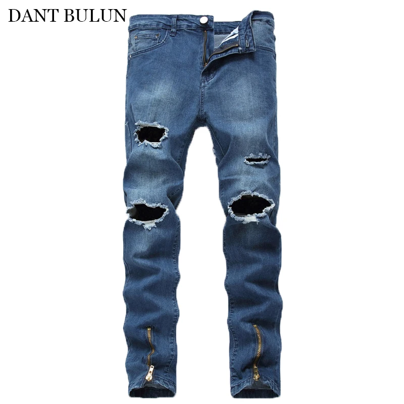 Men's Elastic Jeans Pants Slim Fit Stretch Denim Trousers Ripped Holes Men's Brand Fashion Washed Jean Pants Casual For Male