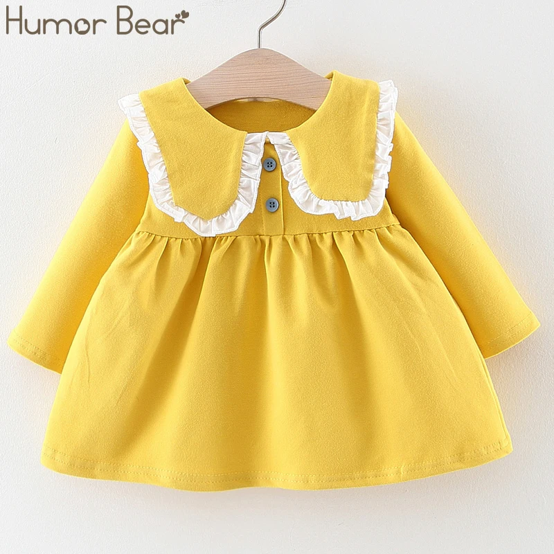 Humor Bear/Коллекция года, весенне-осеннее платье для девочек возрастом от 6 до 24 месяцев, Детские хлопковые платья с длинными рукавами и воротником с рюшами для маленьких девочек