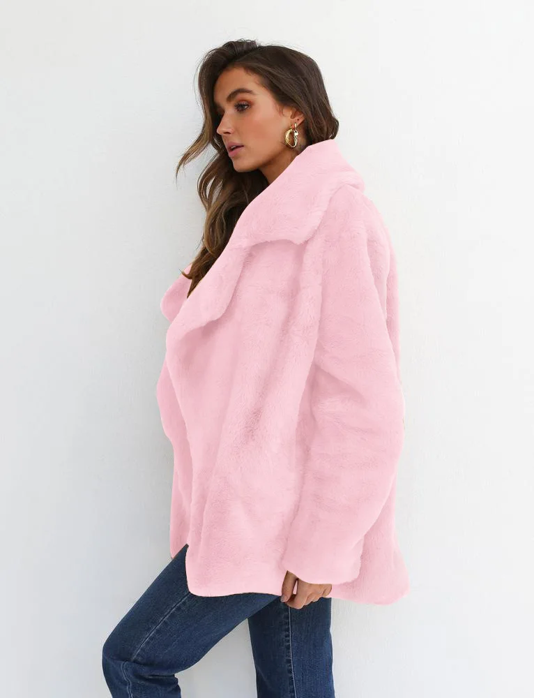 Women Winter Plush Coat Soft Women Fur Jackets Turn Down Collar Warm Outwear Casual Female Flannel Pink Coats