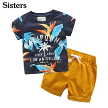 Летние комплекты одежды для мальчиков футболка с принтом кокосовых деревьев и хлопковые спортивные короткие штаны Детский костюм для отдыха для детей до 8 лет