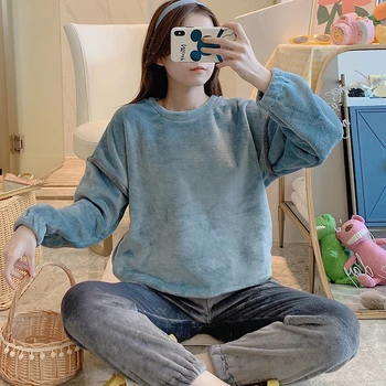 

New 2020 Autumn Winter Warm Flannel Women Pyjamas Sets Thick Coral Velvet Long Sleeve Cartoon Sleepwear Flannel Pajamas Set Girl