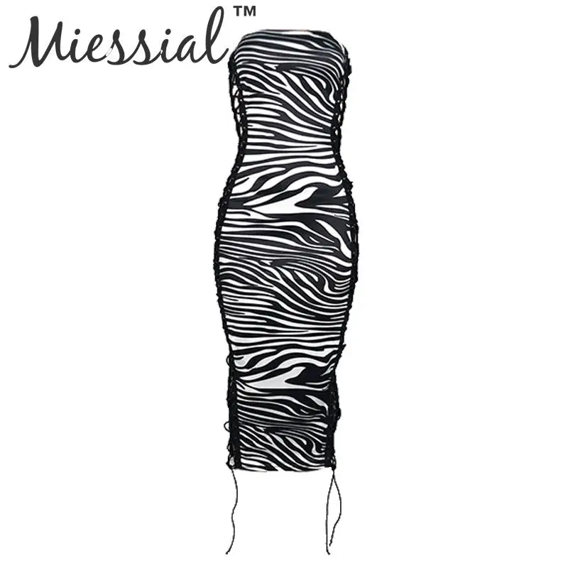 Miessial Animal print lace up sexy midi dress Women sleeveless party club bodycon winter dress Female autumn elegant boho dress