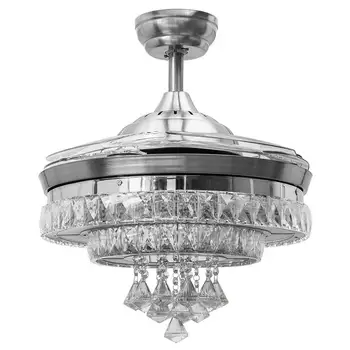 

42 Inch Invisible Crystal Ceiling Fan with LED Light and Remote, 4 Retractable ABS Blades Fan Chandelier for Bedroom Diningroom