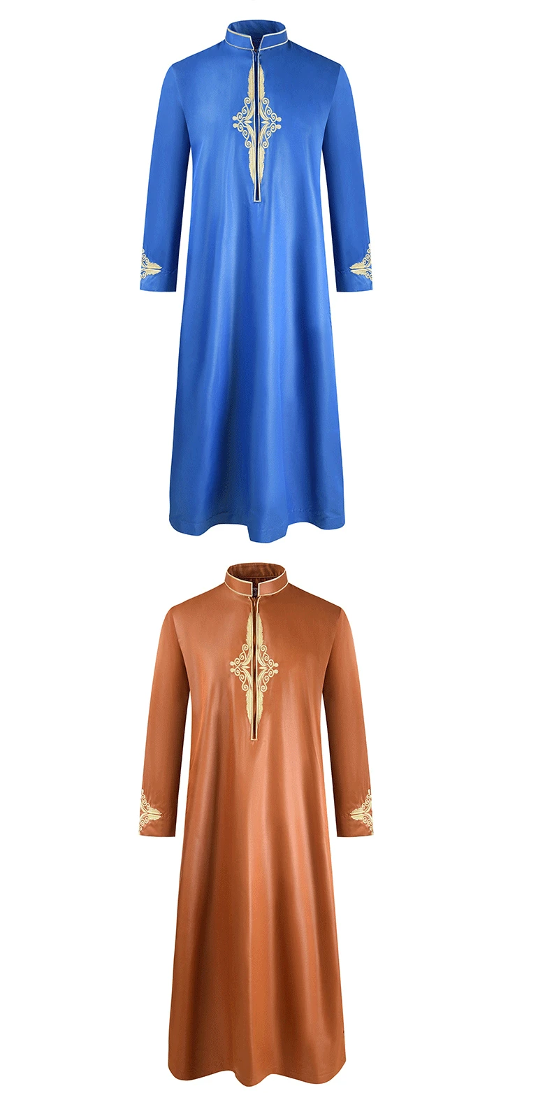 Ramadan Muslim Embroidery Dubai Abaya Vintage Men Long Robe Solid Color Turkey Indian Fashion Stand-Up Collar Islamic Clothing