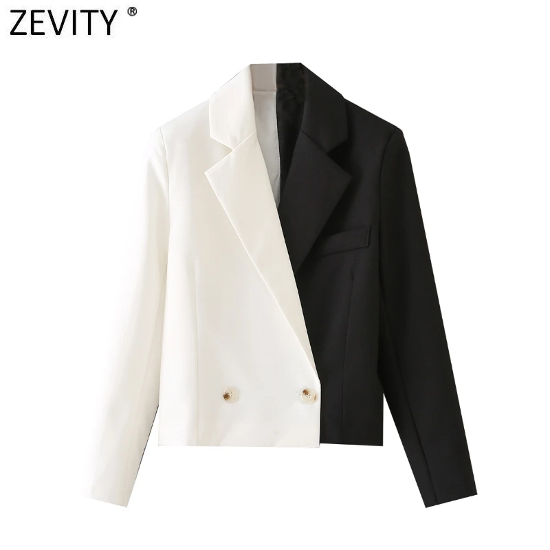 Zevity Women Vintage Black White Patchwork Blazer Coat Female Chic Notched Collar Long Sleeve Casual Business Suits Veste CT756