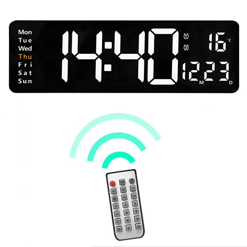 Large Digital Wall Clock Temp Date with Remote Control Power Off Memory Desktop Table Clock Wall-mounted Dual Alarms LED Clocks 