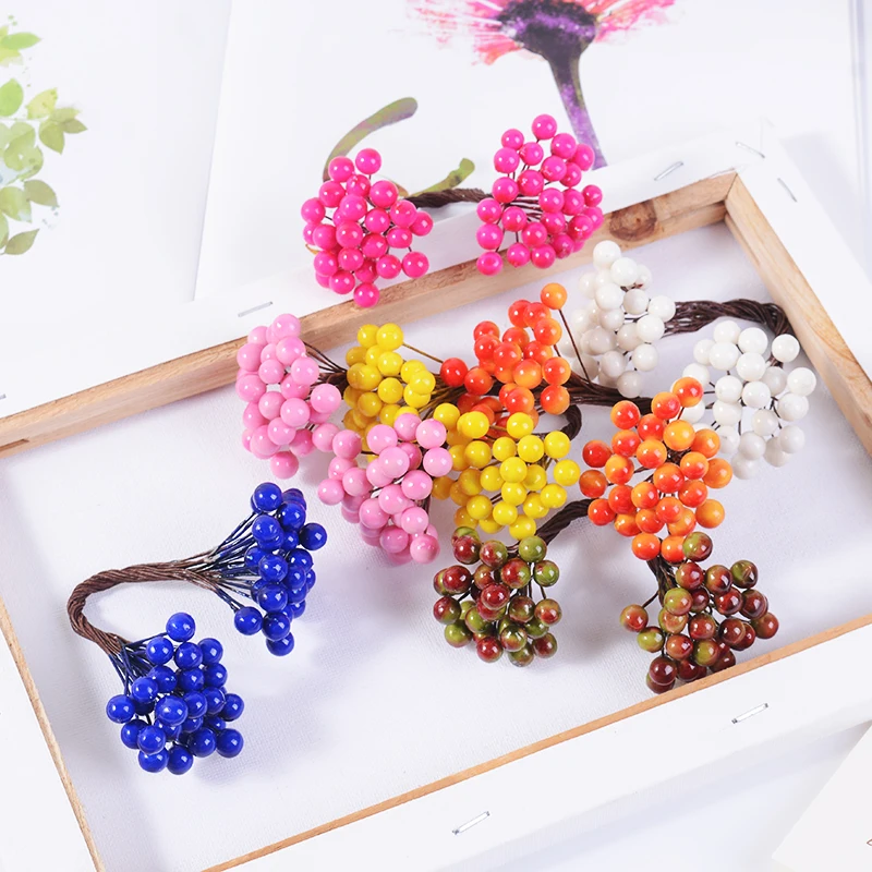 Artificial Flowers 25pcs 50heads Artificial Flower Christmas Berry Bacca For Wedding Decoration DIY Scrapbooking Decorative Wreath Fake Flowers
