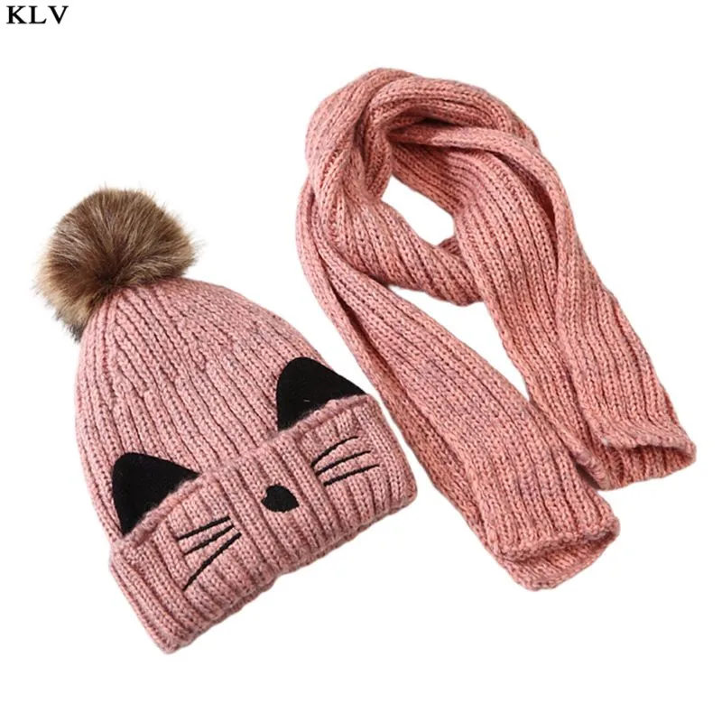 Pink Детский шарф, вязаная шапка(комплект) с рисунком котенка, пушистый помпон, детская шапка, шаль AXYD - Цвет: Pink