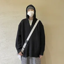 American Retro Hooded V-neck Sweater Men's Fashion Ins Spring and Autumn Couple Pullover Harajuku Men's Clothing Vintage Sweater