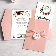 50Pc Huwelijksuitnodiging Roze Bordeaux Marine Blauw Wenskaart Met Envelop Party Met Lint En Tag