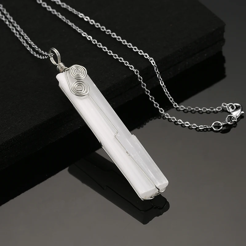 Reiki Healing irregular Raw stone Pendant necklace Natural Selenite Sticks Wands Rough Gypsum Crystal Pendant Handmade jewelry