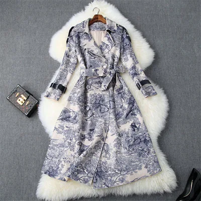 Подиумное дизайнерское осенне-зимнее длинное пальто для женщин модное кружевное Ретро замшевое кожаное пальто с животным принтом верхняя одежда - Цвет: Синий
