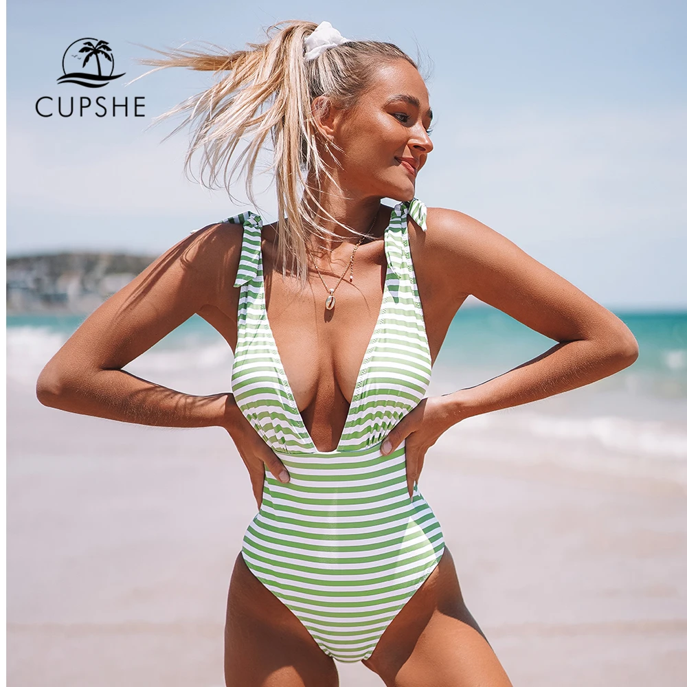 CUPSHE Stripe Print Deep V neck One Piece Swimsuit Women Sexy Backless Bow knot Monokini 2020 Girls Beach Bathing Suit Swimwear|Body Suits| - AliExpress