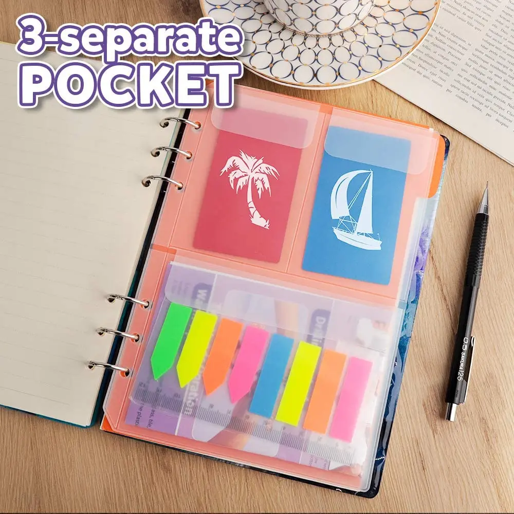 A5 6 Ring Binder Pockets(3 Types)- 6pcs Zip Lock Envelope and 2-Pocket Binder Bag and 3-Separate Pocket for Filofax Organizer