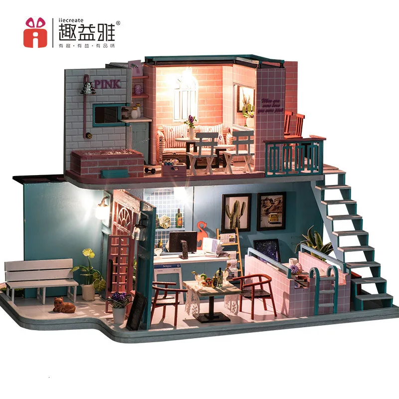 K-034 розовый кафе 3D DIY Кукольный дом вино светодиодный светильник для бассейна миниатюрный кукольный домик набор для детей