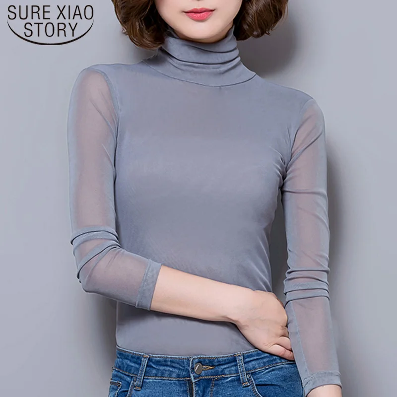 

Casual Sexy Mesh Blouse Autumn New Long Sleeve Women Tops Winter Turtleneck Elasticity Black Shirt Slim Tight Shirts 7536 50