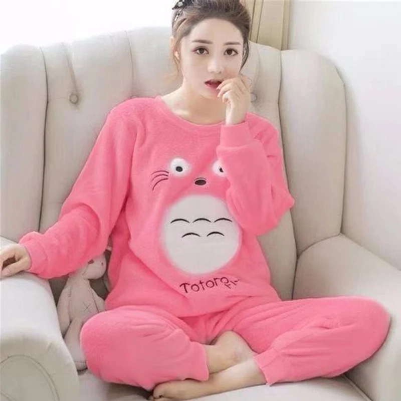 Pajamas For Women New Autumn And Winter Warm Flannel Women's Pajamas Set Thick Coral Fleece Long-Sleeved Cartoon Pajamas Set