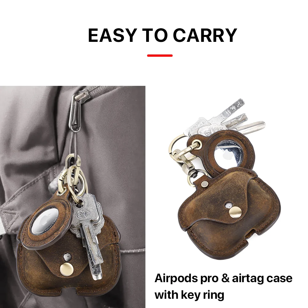 Case de Couro para Airpods Carregamento sem Fio Bluetooth com Chaveiro Pro e Airtag Retro Capa Airpod Caixa Acessórios 3 - Image 5