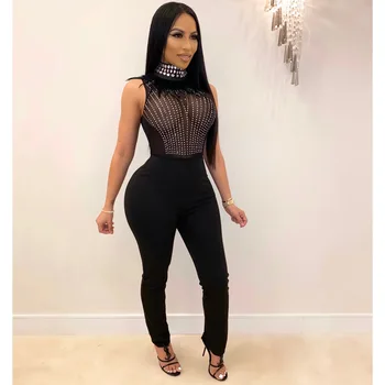 

Echoine Diamond Sheer Mesh Transparent Sleeveless turtleneck Jumpsuit sexy Skinny Jumpsuit Club Outfit bodysuit Playsuit Overall