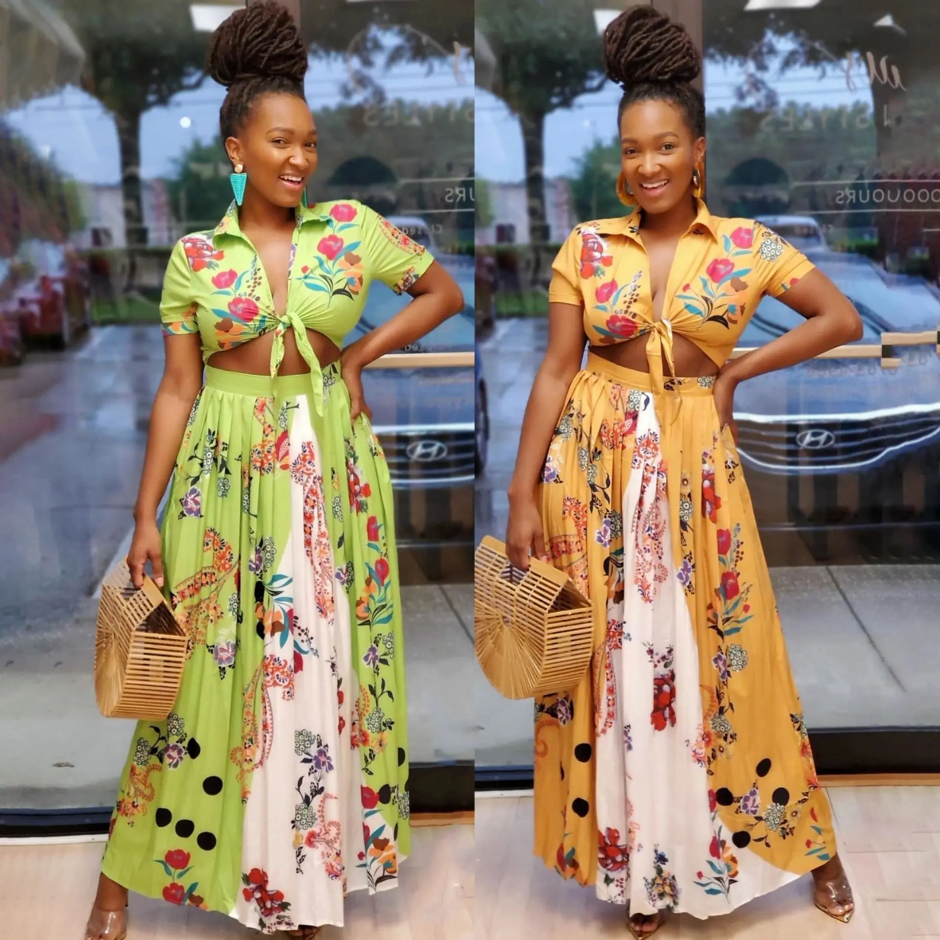 

New Arrival Autumn Women Suit Hot Style Floral Print Patchwork Short-Sleeves Tie Crop Tops & Loose Pleated Skirt 2 Pieces Set