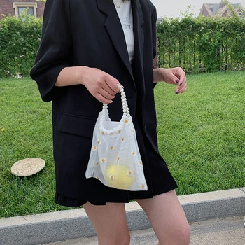 

Women Small Transparent Mesh Tote Bag Classic Chic Delicate Creative Design Daisy Embroidery Handbag Pearl Beach Pouch