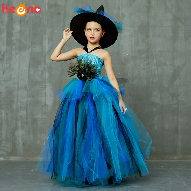 

Elegant Peacock Feather Costume Girls Fluffy Layered Peacock Tutu Dress with Witch Hat Kids Pageant Party Ball Gowns Dresses
