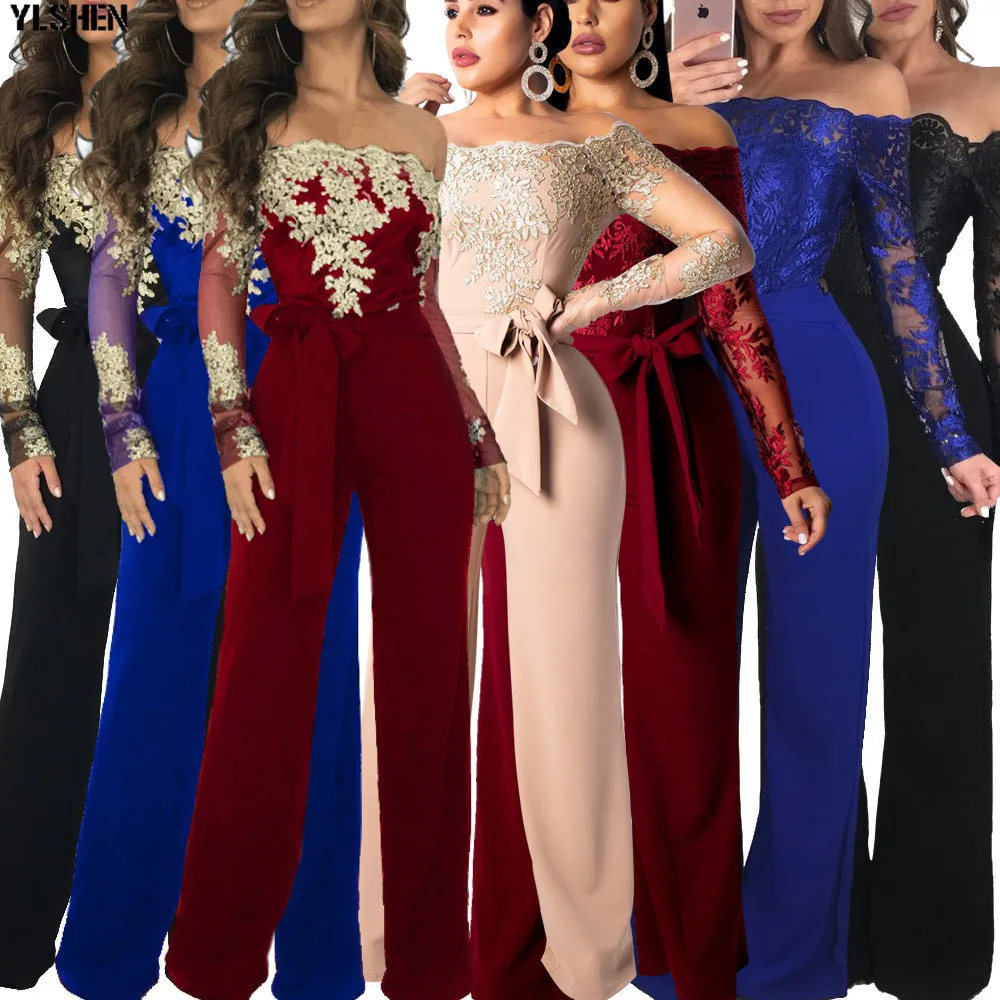 Women Jumpsuit Sexy Lace Ladies Jumpsuits Party Casual Wide Leg Overalls Off Shoulder Long Sleeve Romper Skinny Rompers Trousers 01