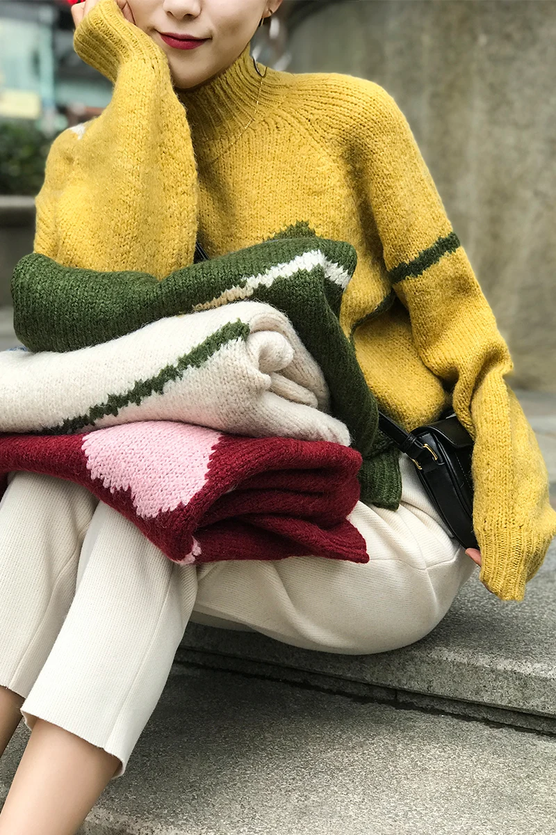 

Women Sweater 2019Autumn and Winter Love Painted Lines Loose Hood Thick Rod Needle Shape Wool Sweater