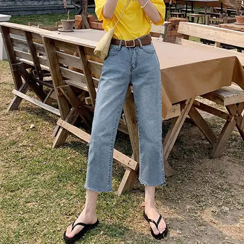 

Autumn New Straight Jeans For Women Female Nine Points Thin Wide Leg Pants Female High Waist Denim Pants