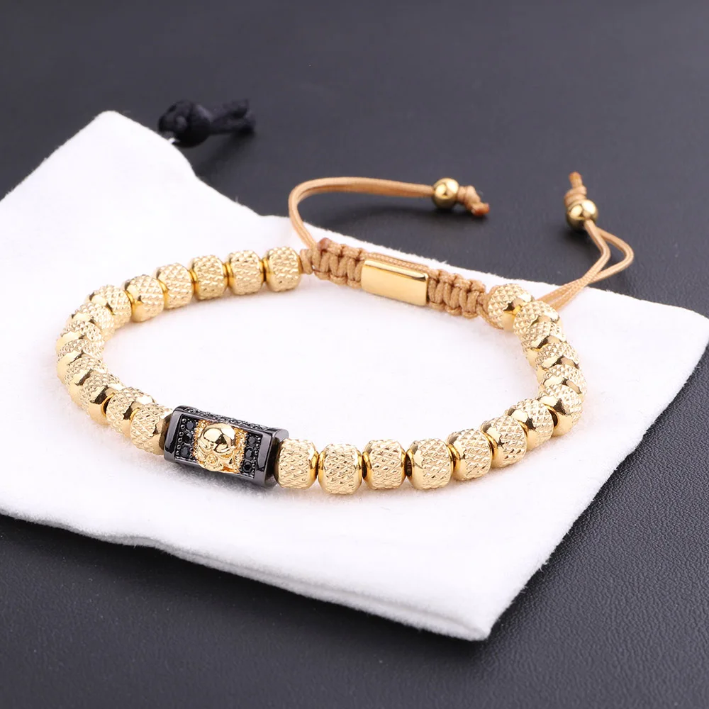 JARAVVI New Cute Design Stainless Steel Beads CZ Gold Skull Charm Macrame Bracelet Men - Image 4