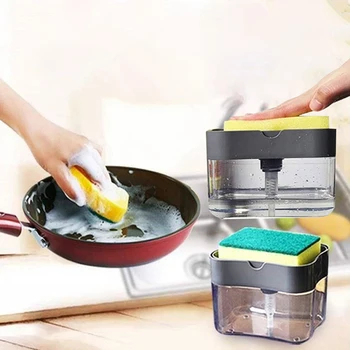 

Liquid Dispenser Container Hand Press Soap Organizer 2-in-1 Soap Pump Dispenser With Sponge HolderKitchen Cleaner Tools